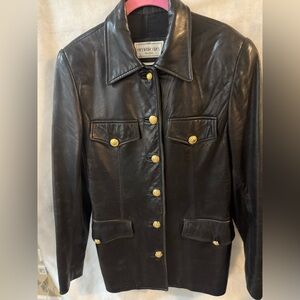 Henri Bendel Black Leather Jacket with Gold Accents